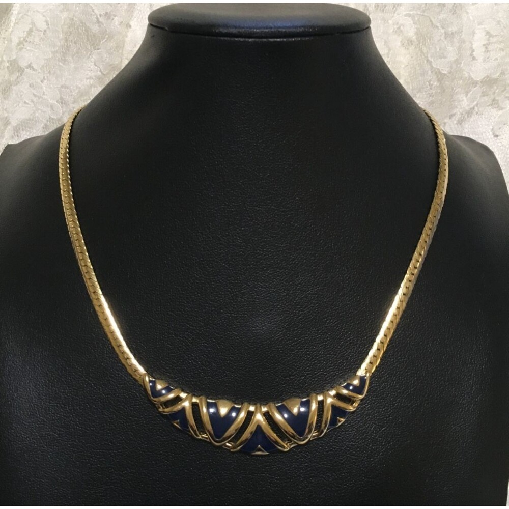 Vintage Enameled Gold Tone Chain Pendant Necklace Navy Blue and Gold by Avon